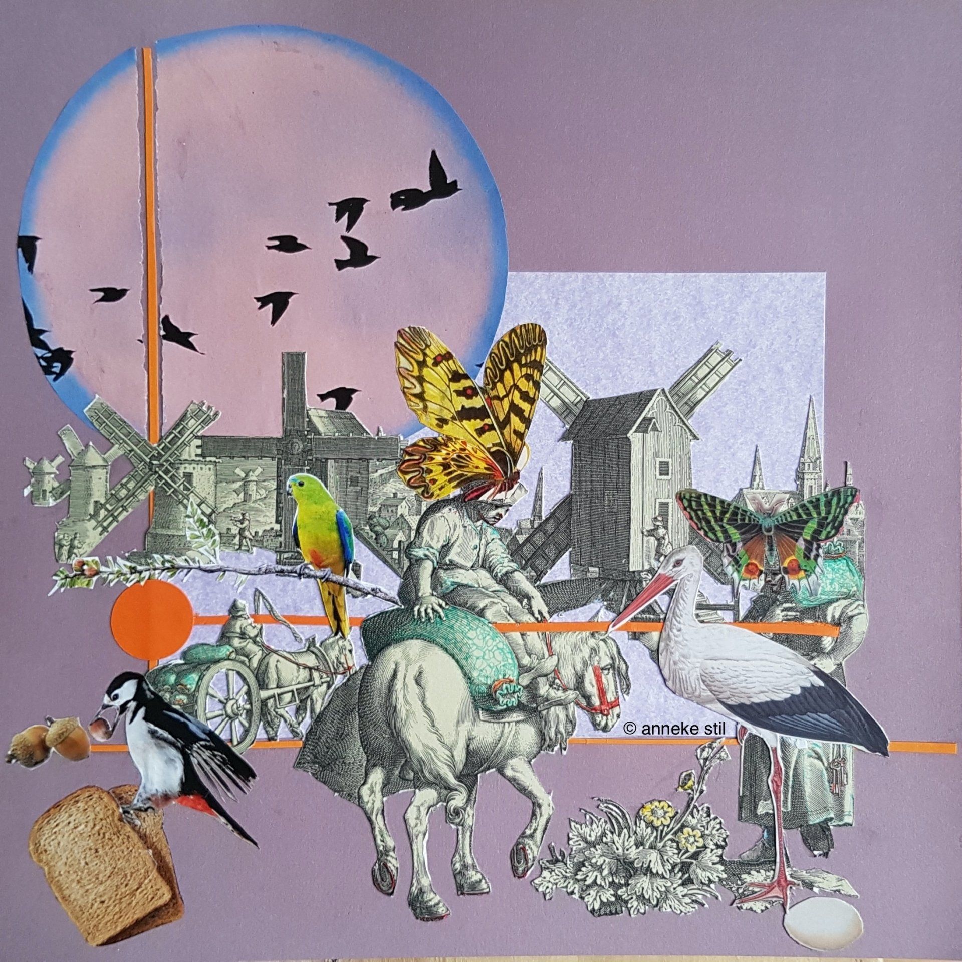 Collage van vogels, een vrouw op een dier, een windmolen, vlinders en een hemellandschap op een paarse achtergrond.