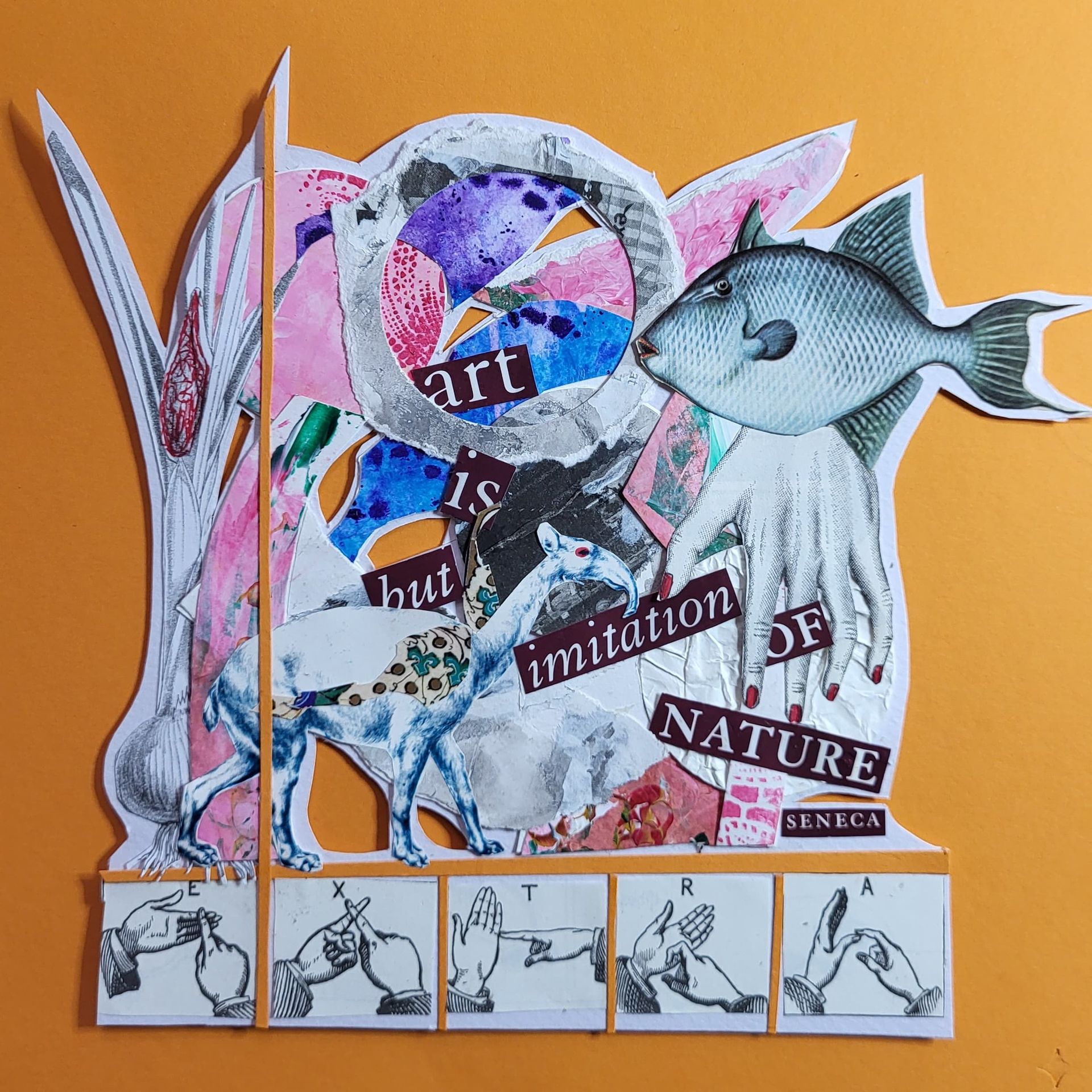 Collage van dieren, tekst en handgebaren op een oranje achtergrond. Citaat: