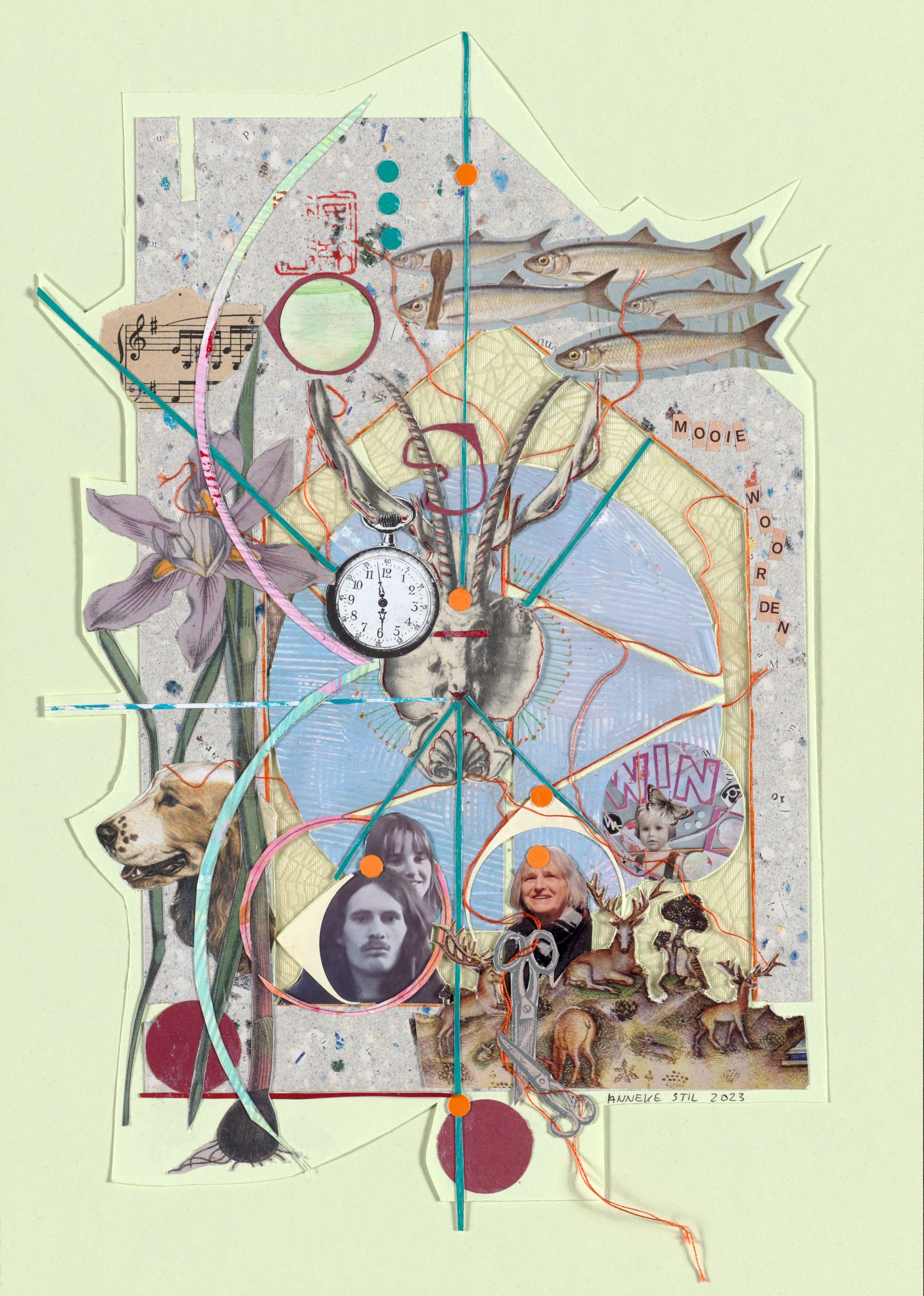 Collage met een klok, figuren, bloemmotieven en geometrische vormen in gedempte kleuren.