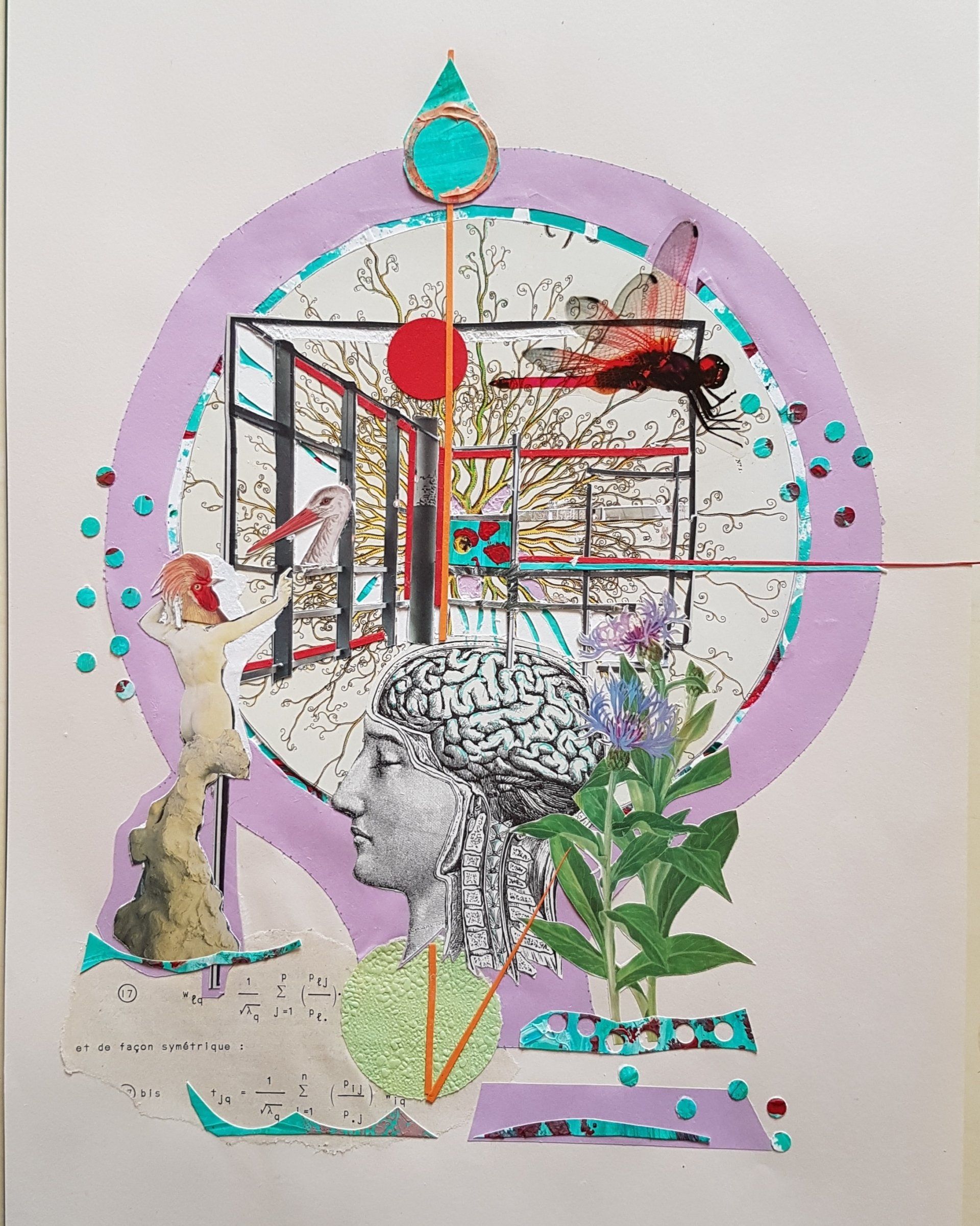 Collage met een rode cirkel, geometrische vormen, een figuur, planten en een lichtpaarse cirkel.