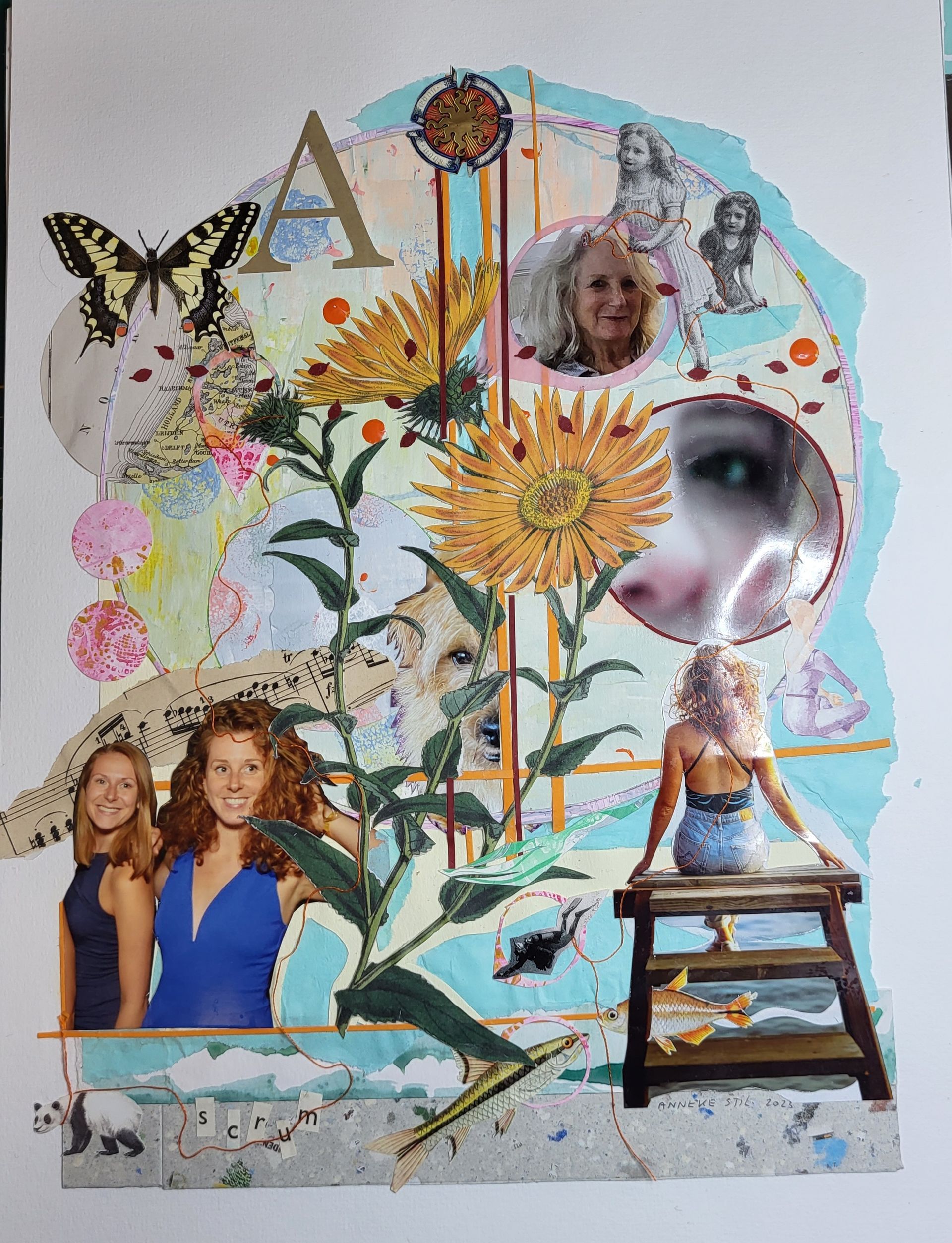 Collage met bloemen, vrouwen, een vlinder, de letter