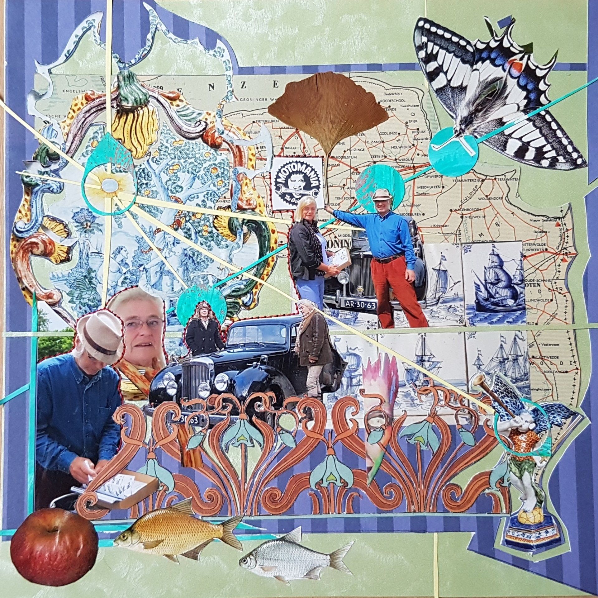 Collage met mensen, een vlinder, een vis, een appel en geometrische patronen in blauw, goud en andere kleuren.