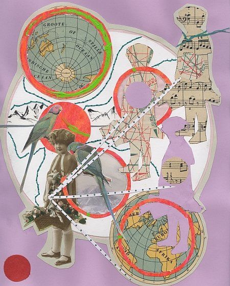 Collage met kaarten, een kind, vogels, figuren en cirkels. Roze, groen, rood en beige op een lavendelkleurige achtergrond.