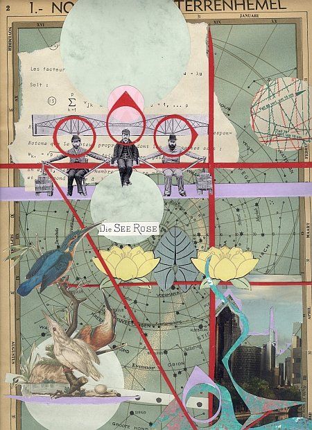 Collage met een kaart als achtergrond, figuren in cirkels, bloemen, een vogel, rode lijnen en tekst.