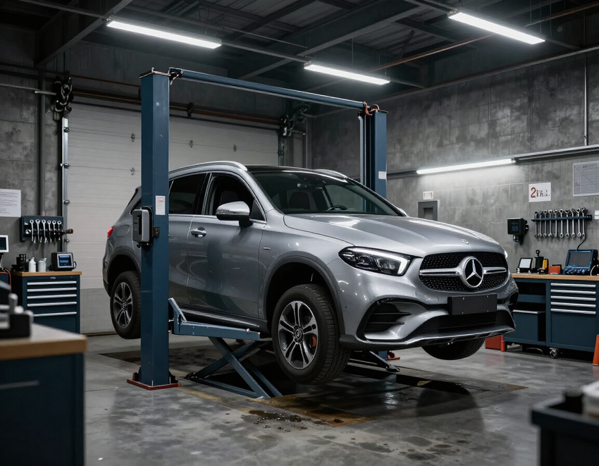 Silver Mercedes SUV in an auto shop, lifted on a hydraulic jack with tools and workbenches nearby