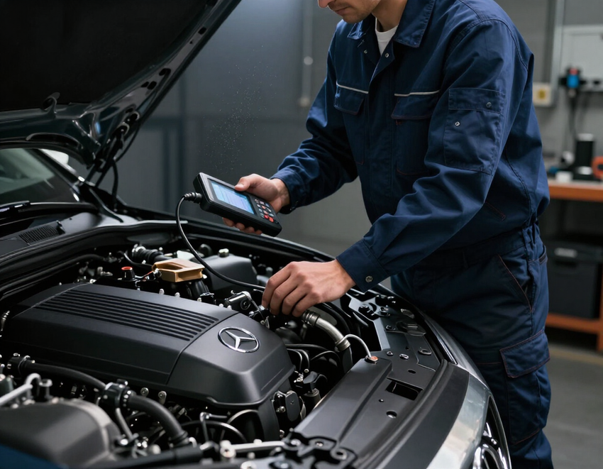 Mechanic inspecting a car engine with a diagnostic scanner in a garage