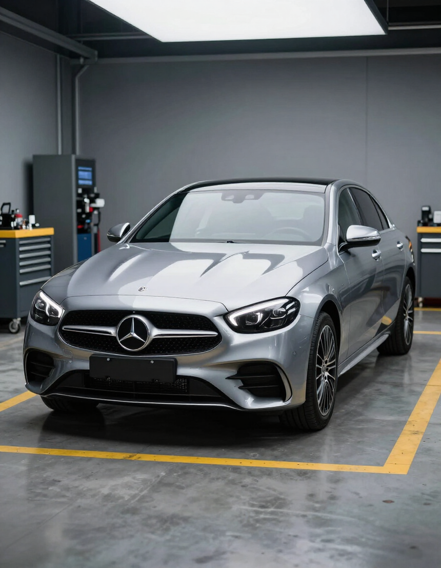 Silver Mercedes sedan parked in a garage bay with yellow floor markings