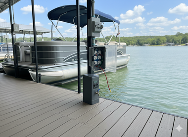 Pontoon boat docked at a lakeside pier with a gray electrical panel. Brown deck, blue water, and clear sky.