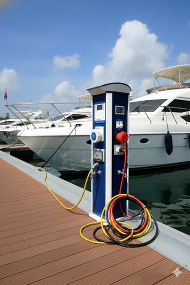 Dockside power station with electric cables near white yachts. Blue and white, sunny day.