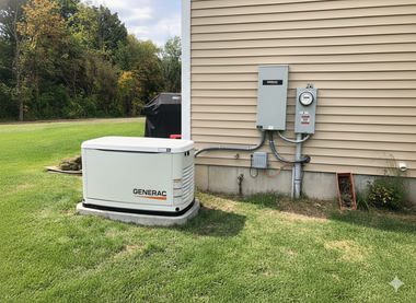 Generator near a house with electrical components, set in a grassy yard.