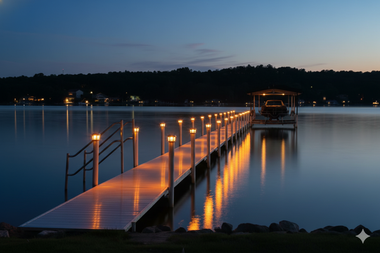 Lit-up dock on a lake at dusk. Orange lights reflect on the water, leading to a boathouse.
