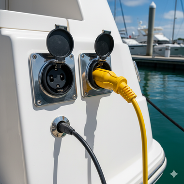 White boat stern with two power inlets and one connected to a yellow cable.