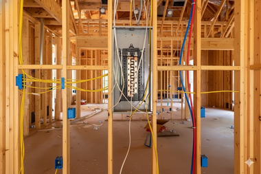 Interior of a new home under construction showing exposed electrical wiring and a breaker panel.