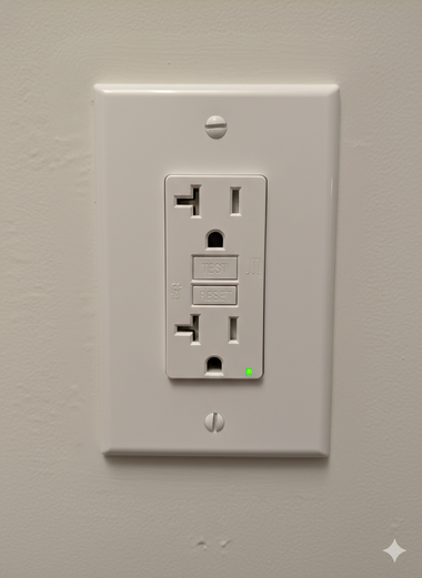 White wall with a white GFCI electrical outlet; the outlet has a green light.