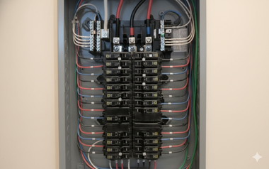 Electrical panel with numerous circuit breakers and wires.