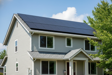 Two-story house with dark solar panels on the roof.