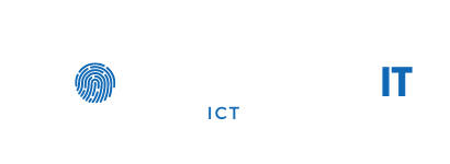 Een blauwe vingerafdruk en het woord ict staan ​​op een witte achtergrond.