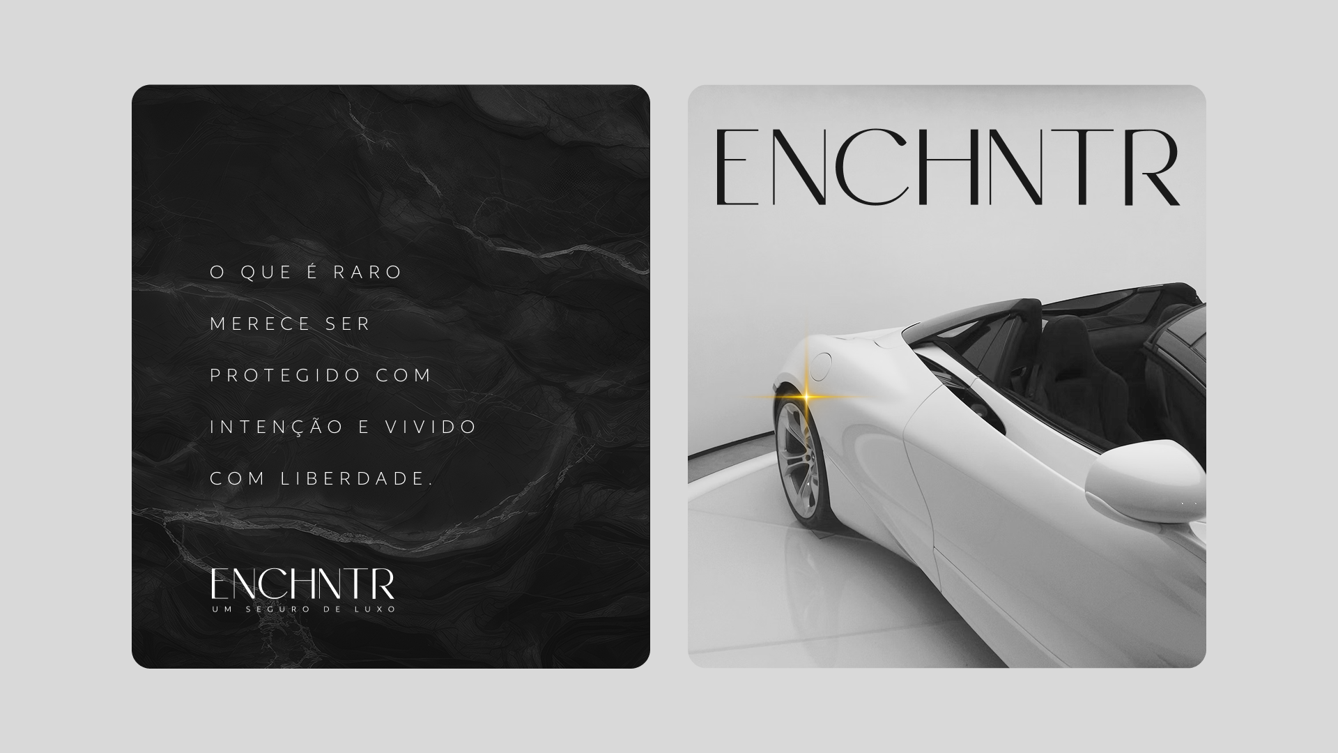 Dois anúncios quadrados: um com texto em mármore preto, o outro um carro conversível branco com texto ENCHNTR.