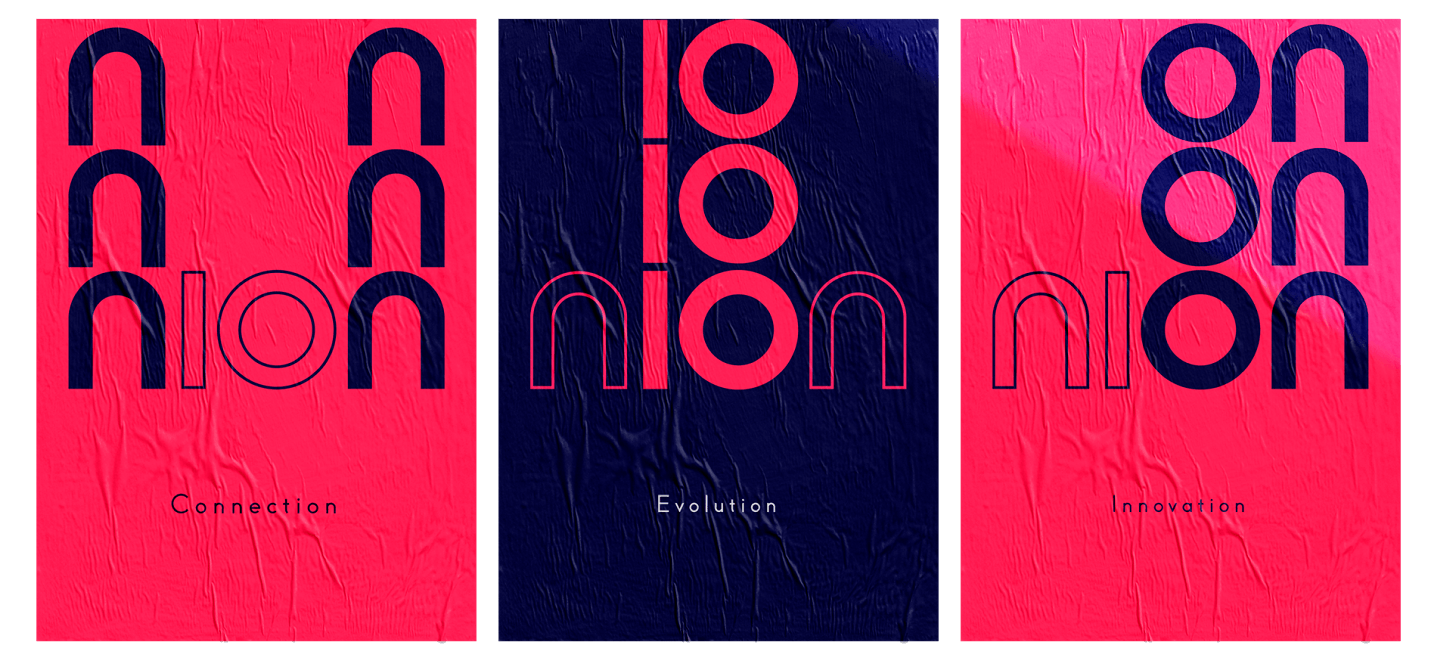 Colagem visual com identidade da NION em diferentes composições gráficas