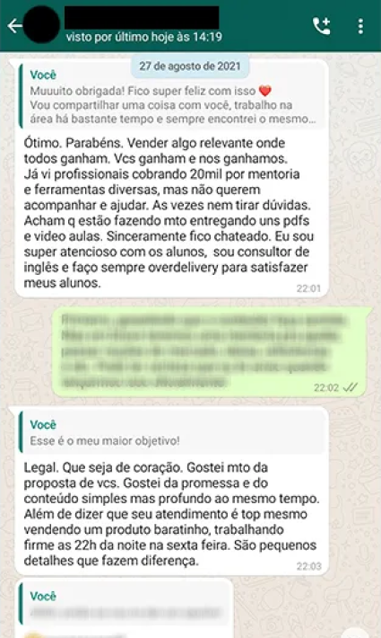 Mensagem de WhatsApp sobre experiência com consultoria