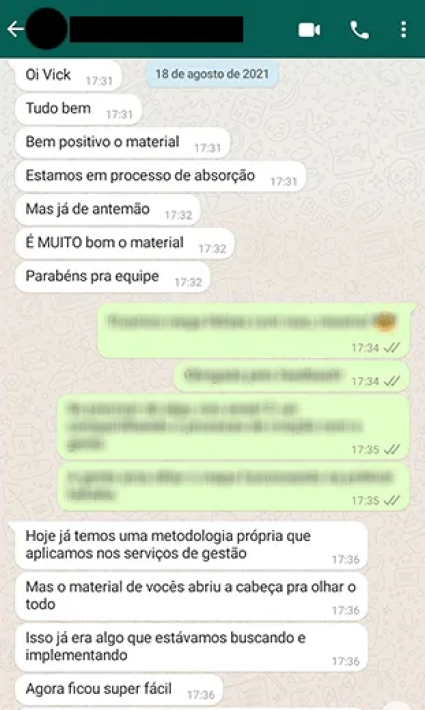 Print de elogio no WhatsApp destacando qualidade do material