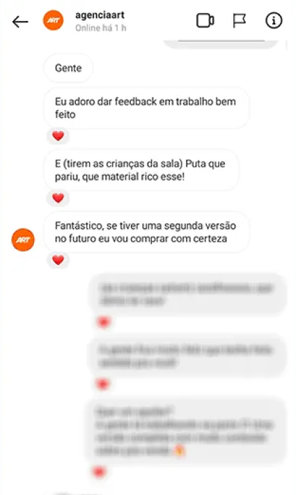 Print de WhatsApp com elogio entusiasmado sobre o material