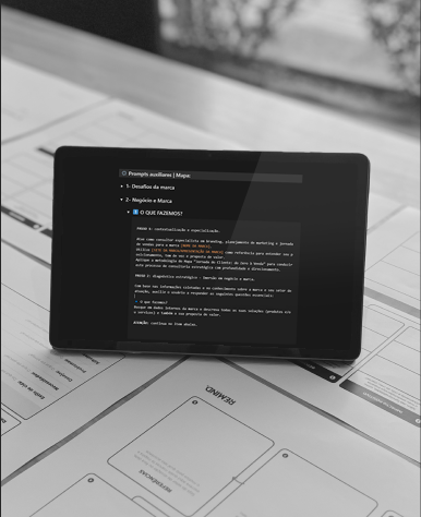 Um tablet está em cima de uma pilha de papéis com produtos RMND