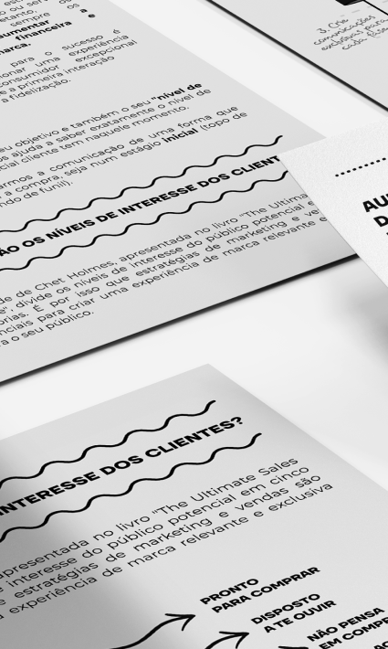 Detalhe de material gráfico da REMIND explicando os níveis de interesse do cliente com base no método de Chet Holmes.