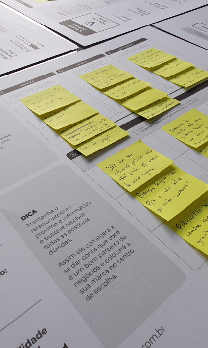 Mesa com post-its amarelos organizando insights de marca com a aplicação do mapa