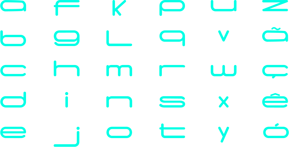 As letras do alfabeto estão dispostas em uma grade sobre um fundo branco.