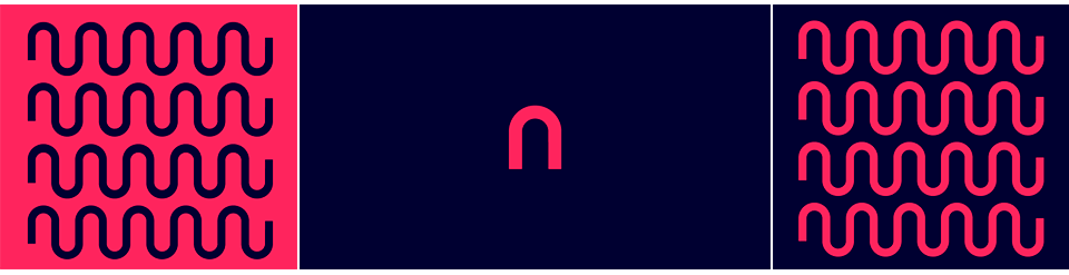 Identidade visual da NION com símbolo rosa e fundo escuro