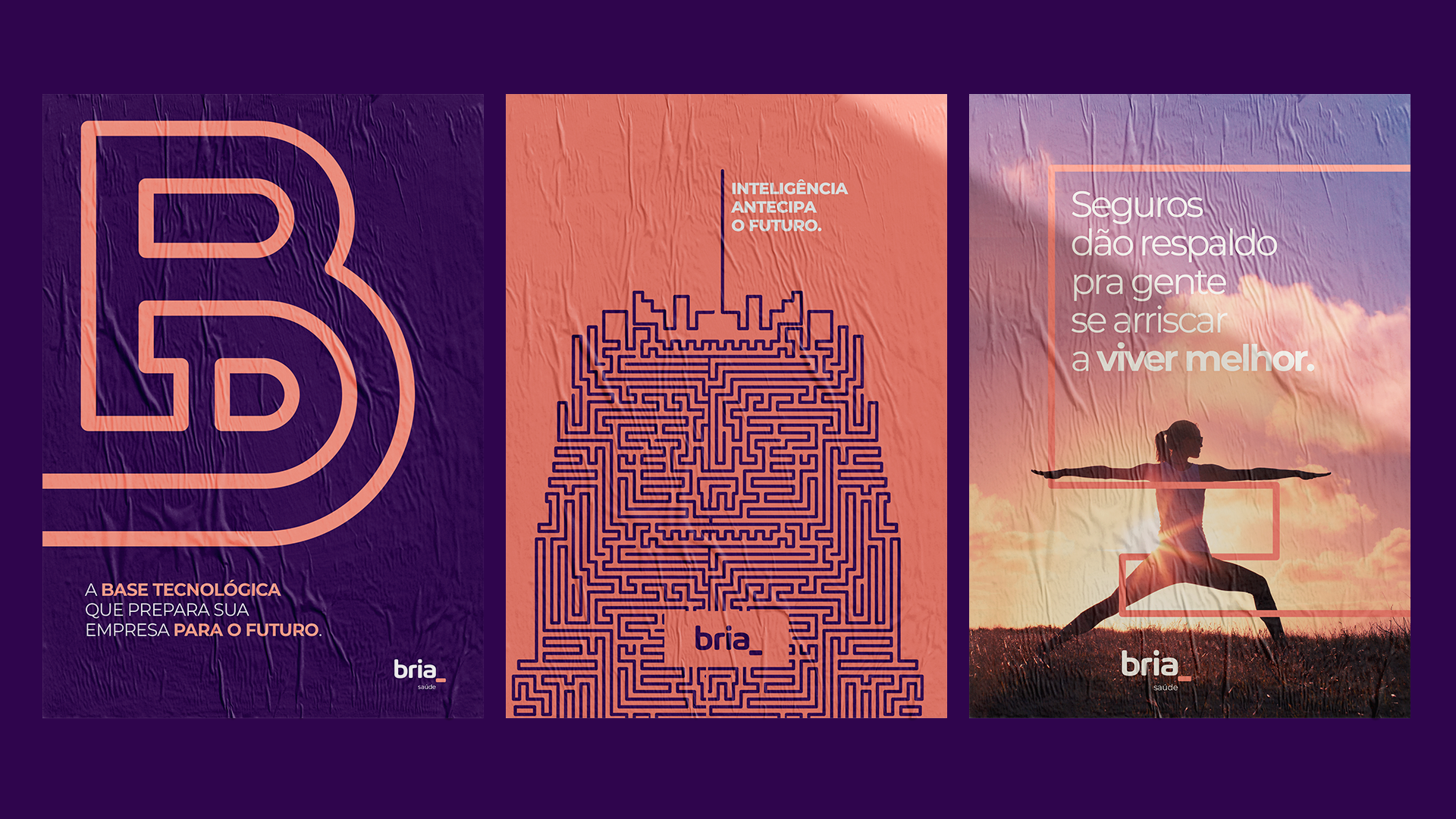 Pôsteres da Bria com design moderno e mensagem estratégica. Destaques para tecnologia e inteligência.