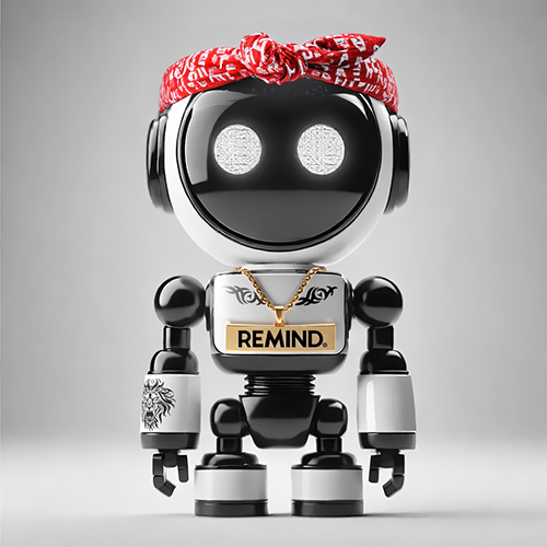 Um robô usando fones de ouvido, uma bandana e um colar com o logotipo da REMIND. 3PAC.