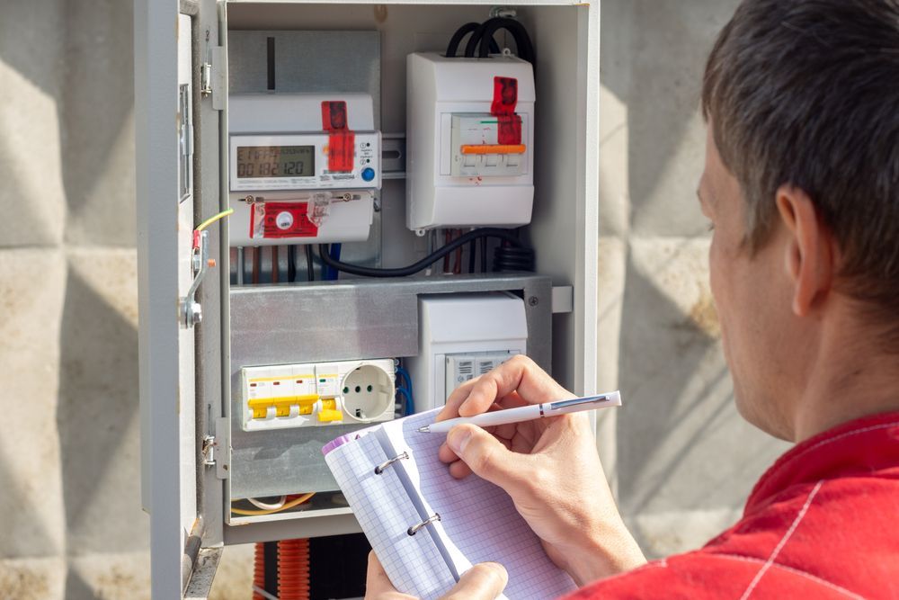 Man In Red Shirt Writing In Notebook While Inspecting — Electrical & Air Cooling Solutions in Townsville, QLD
