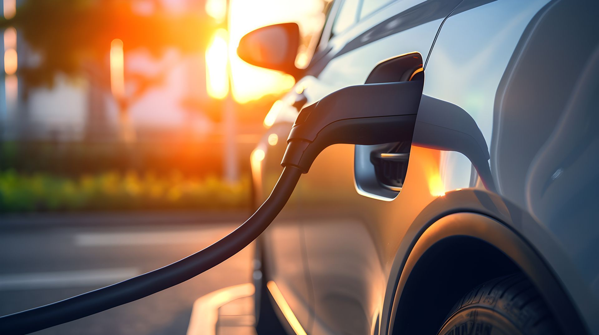 Voiture électrique en charge à une borne, câble noir branché, soleil doré en arrière-plan.