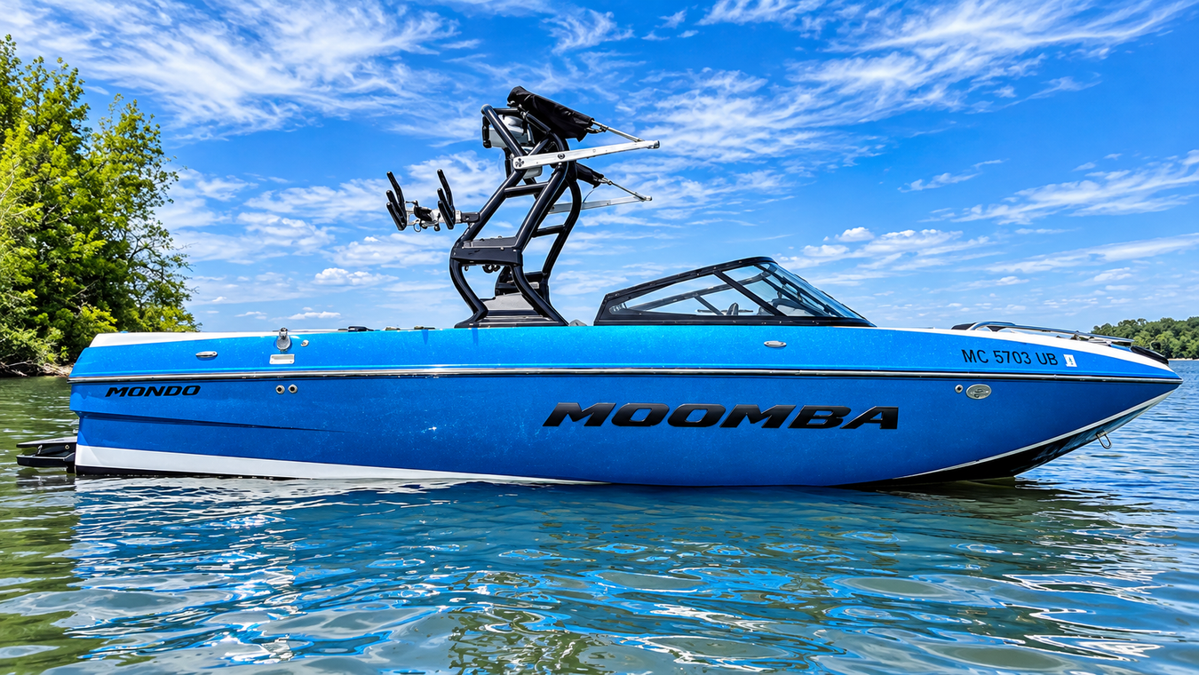 Blue wakeboard boat on calm water with tower and wakeboard rack, under a bright blue sky
