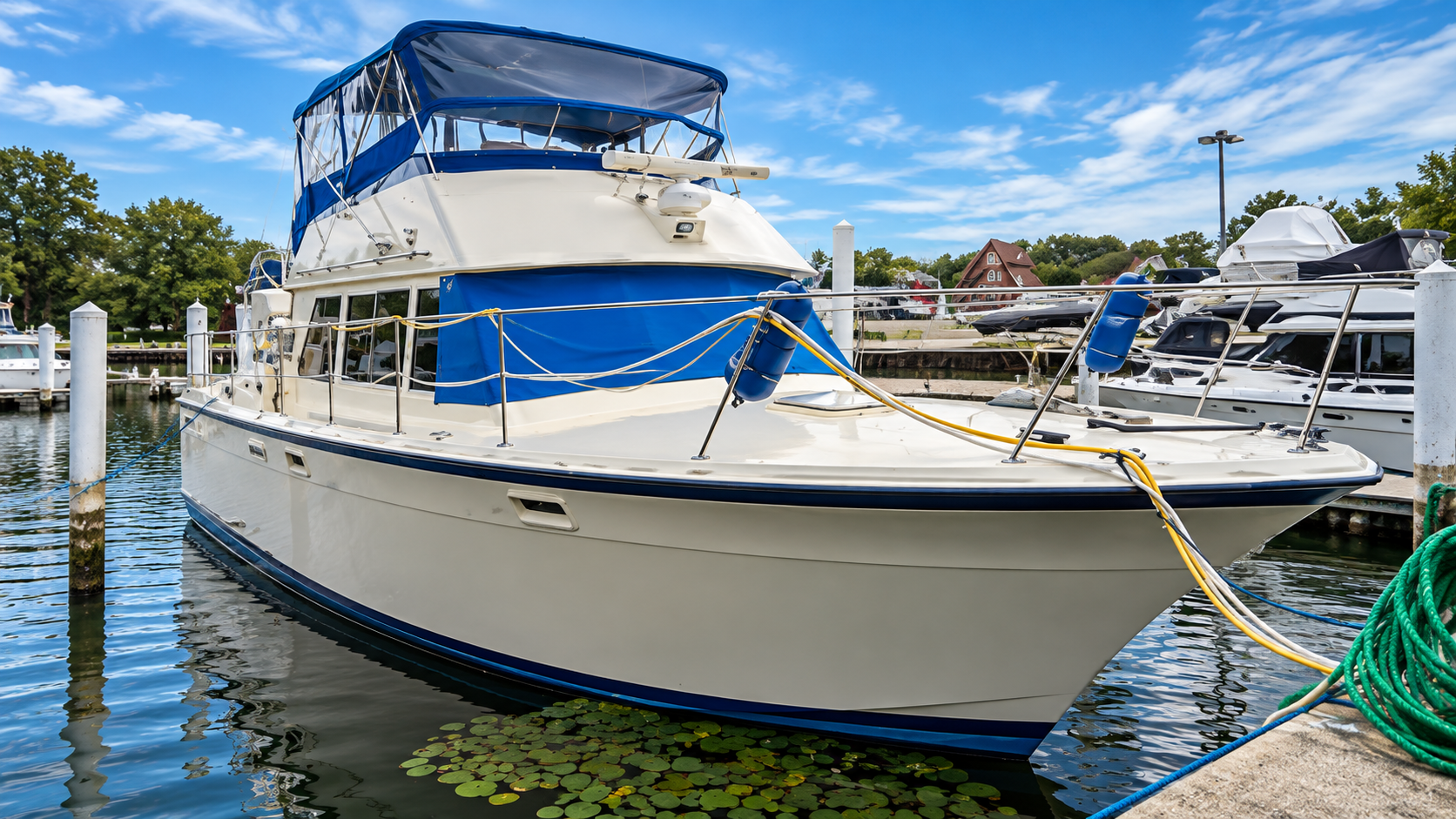 White boat with blue canopy docked at a marina, with ropes tied to the pier.