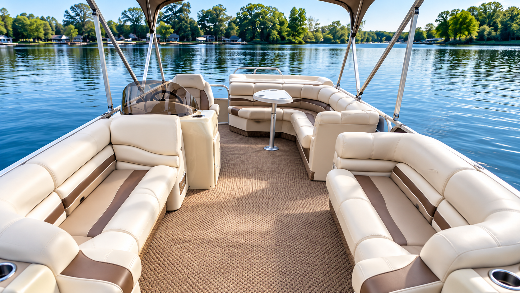 Cream-colored lounge seating on a boat deck overlooking a calm blue lake and trees.