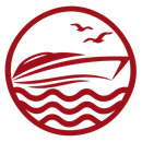 Red circular logo with a white boat, waves, and two birds in maroon.