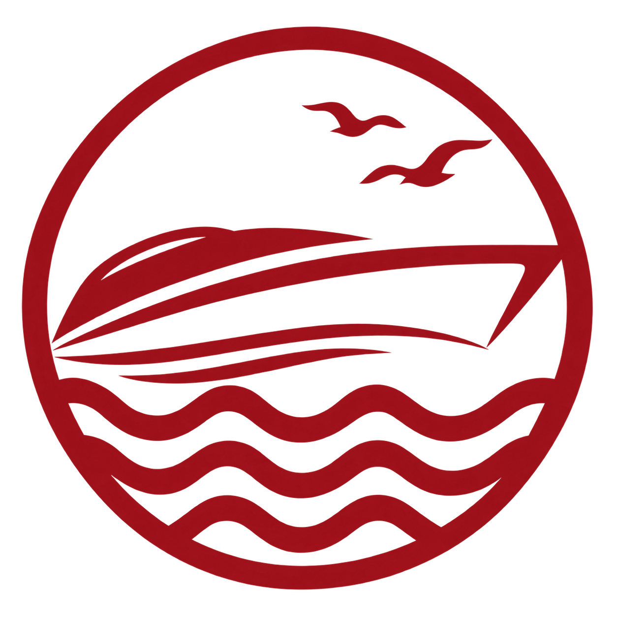 Red circular logo with a white boat, waves, and two birds in maroon.