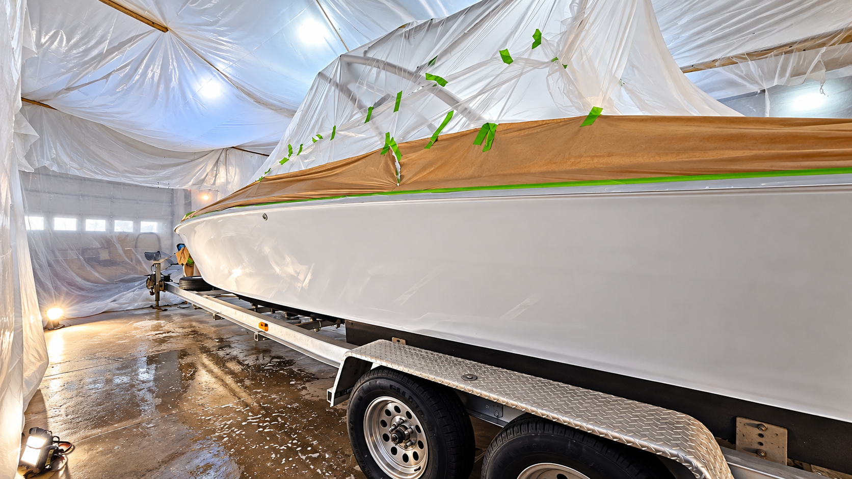 White boat on a trailer inside a tent, with brown masking tape and green tape along the hull.