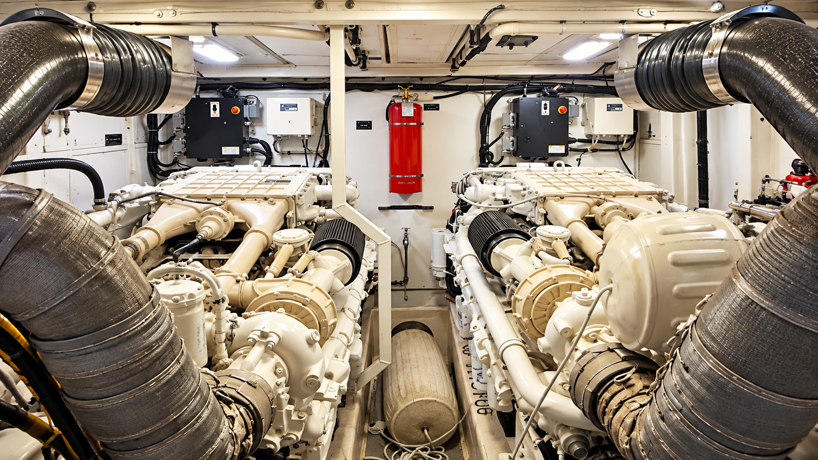 Engine room with twin industrial motors, pipes, ducts, and red fire extinguisher in the center.
