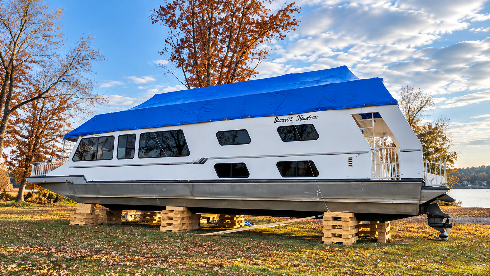 White houseboat with blue tarp roof on blocks in a grassy yard with autumn trees