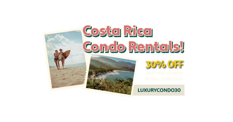 An advertisement for Costa Rica condo rentals featuring two photos of the beach and a 30% off discount.