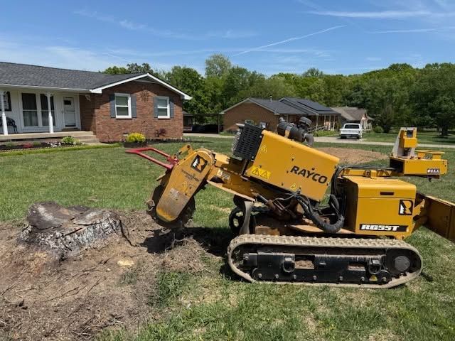Yellow compact track loader digging near a suburban house lawn