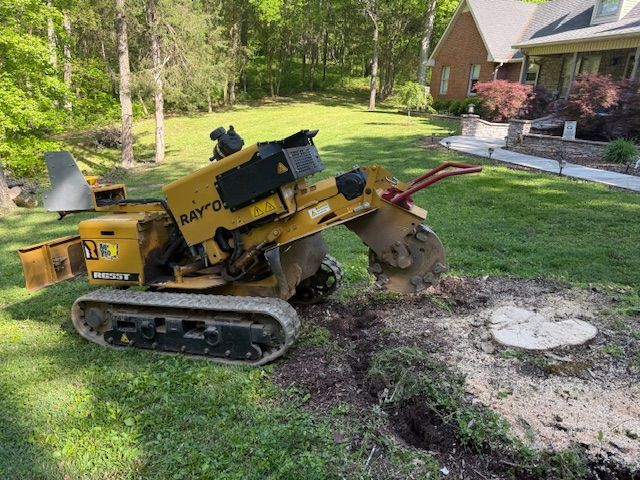 Yellow mini excavator digging a trench in a grassy yard beside a house