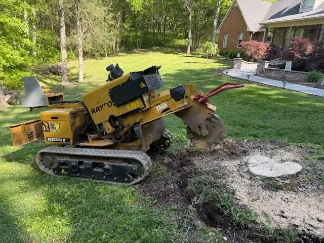 Yellow mini excavator digging a trench beside a lawn and brick house in a sunny yard