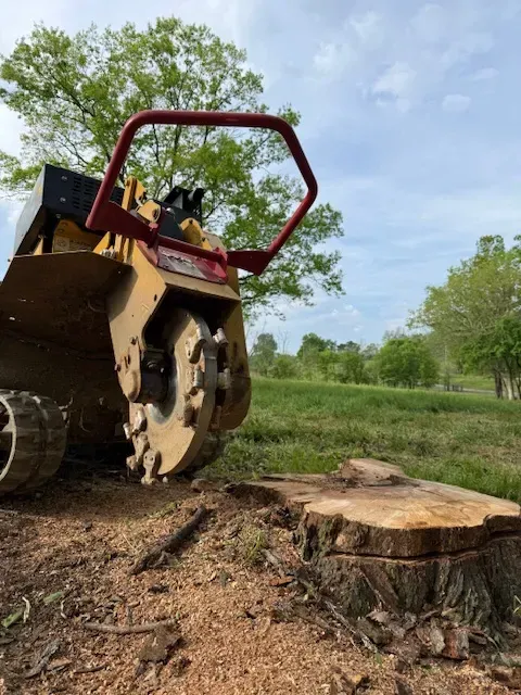 Wood chipper beside a freshly cut tree stump in a grassy field under a cloudy sky