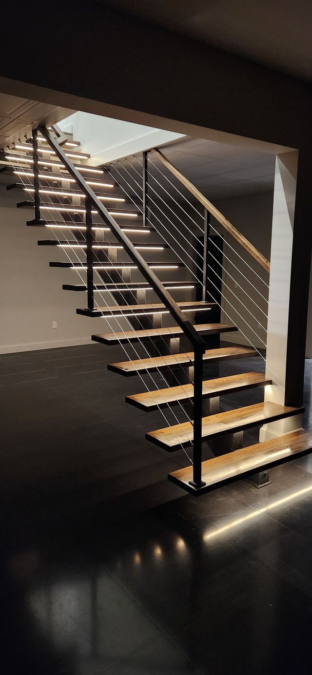 Floating staircase with solid wood treads