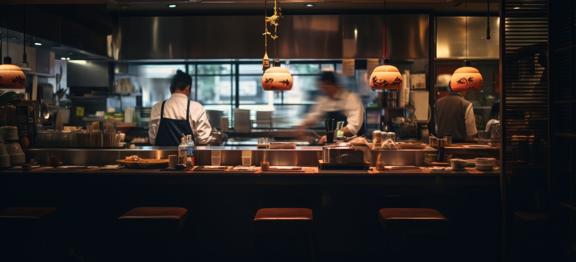 Open restaurant kitchen with chefs at work behind a warmly lit counter.
